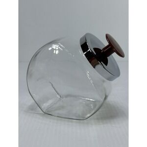 Vintage Small 5" General Store Glass Slanted Penny Candy Jar Chrome Lid Red Knob
